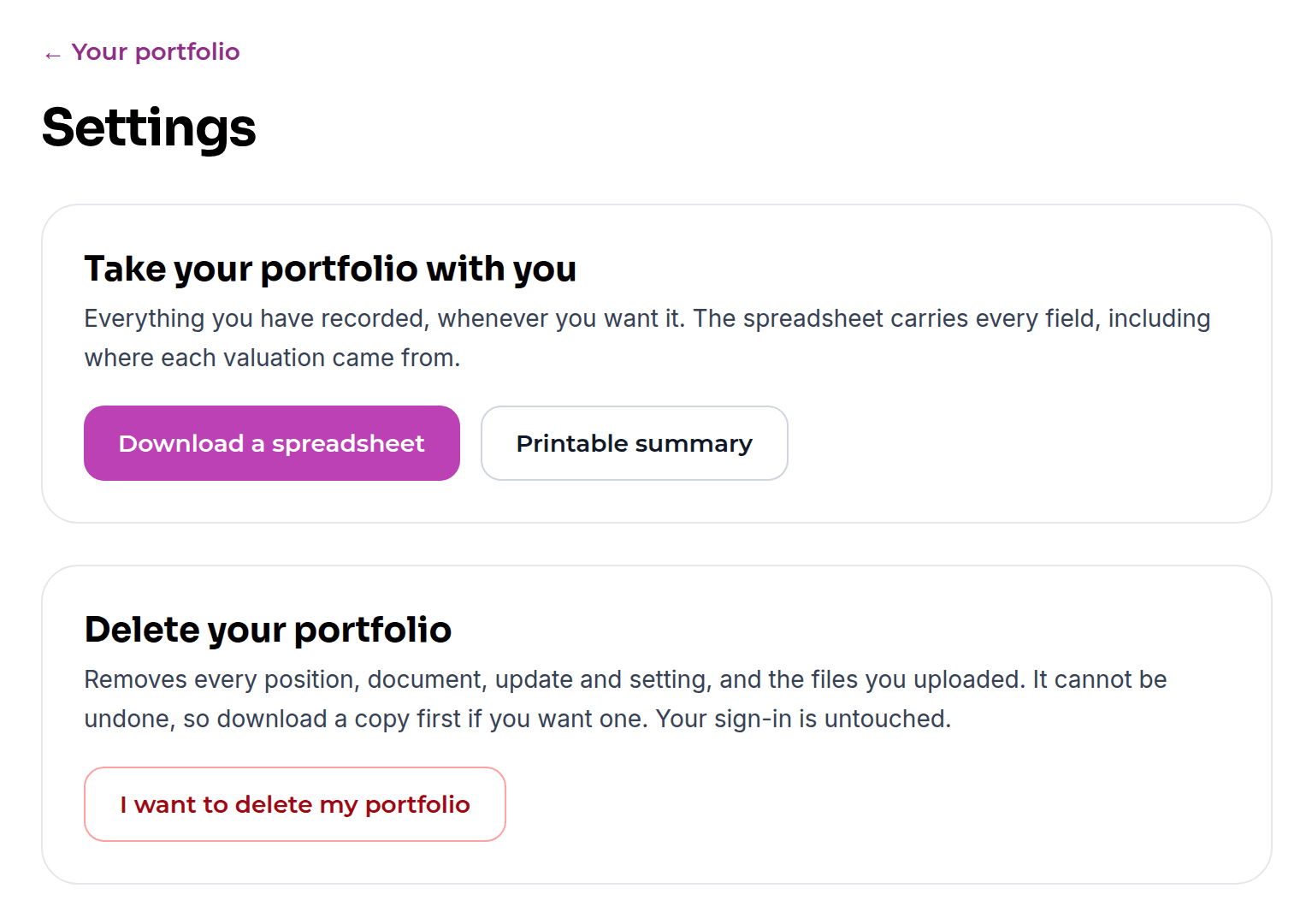 Settings: Take your portfolio with you, with Download a spreadsheet and Printable summary, and Delete your portfolio, which removes every position, document, update and setting, and the files you uploaded.